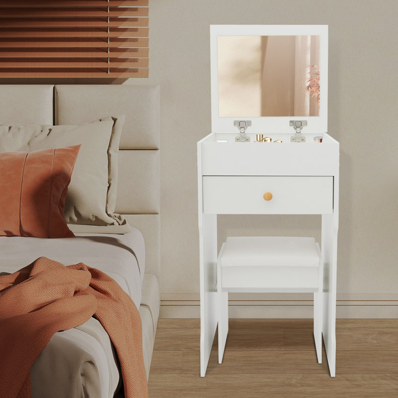 Table de coiffeuse avec miroir et tabouret, Blanc