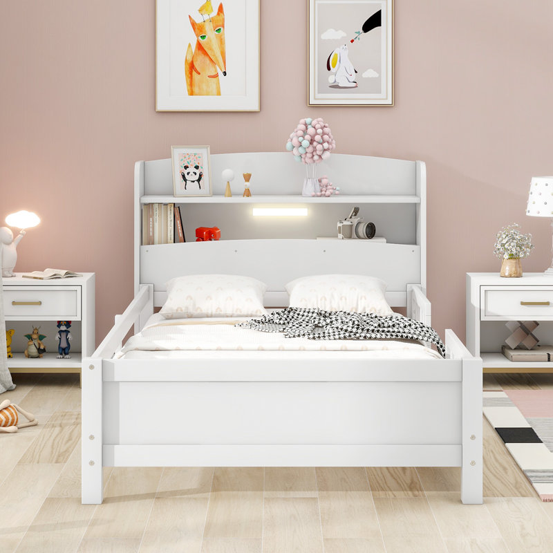 Lit plateforme en bois avec éclairage à DEL intégré, tête de lit à rangement et garde-corps, Blanc, Lit simple