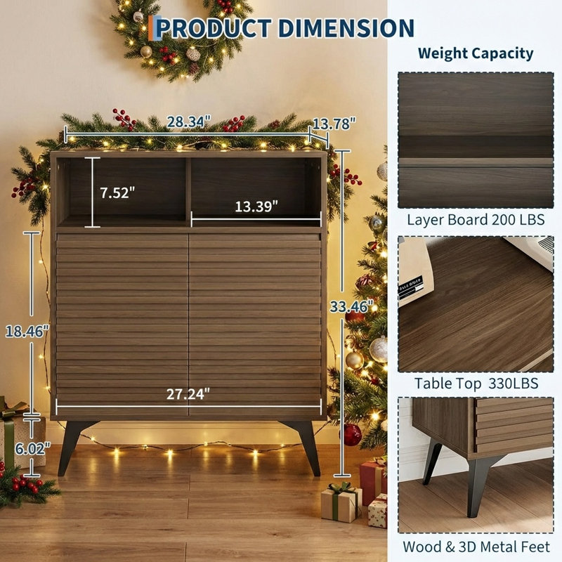Modern Fluted Sideboard Buffet Cabinet with Adjustable Shelves & Metal Legs – 2-Door Storage Cabinet for Dining Room, Kitchen, Entryway & Coffee Bar