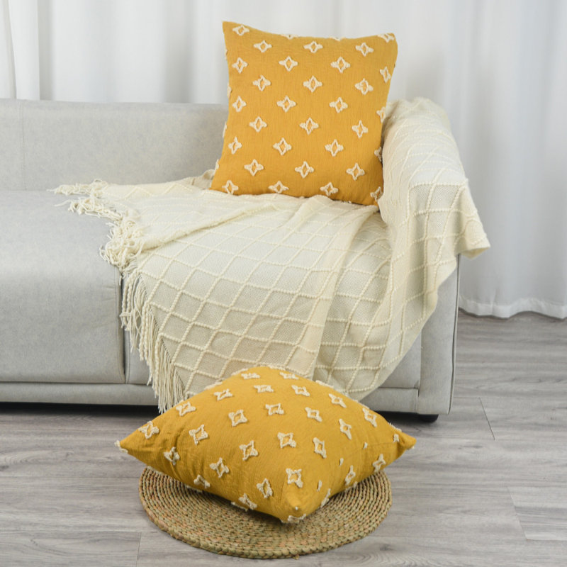 (Covers Only) Set of Two 2 Sizes White Embroidered Diamond Throw Pillow Covers, Beige, 18"H x 18"W