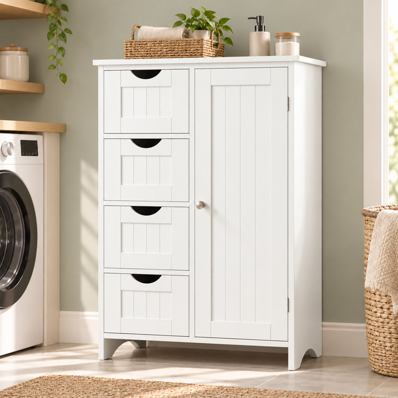 Freestanding Bathroom Storage Cabinet, Narrow Storage Organizer with 4 Drawers & Single Door Cabinet, Vertical Floor Cabinet for Bathroom, Living Room, Entryway