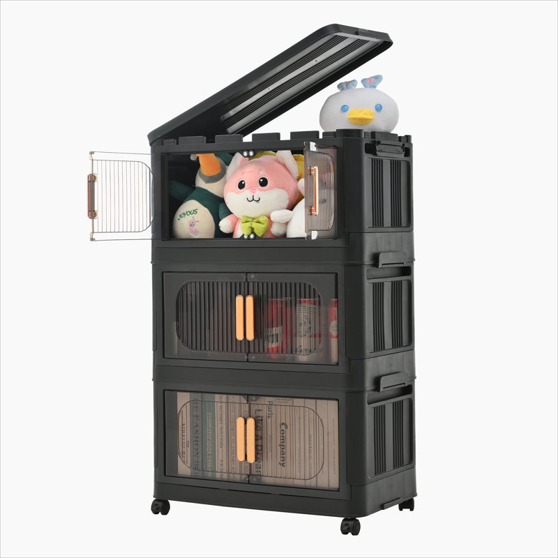 19.69" Side Wide Folding Storage Cabinet ,3 Tiers,19.69"×11.81"×31.1",Collapsible Storage Bins with Magnetic Door, Black