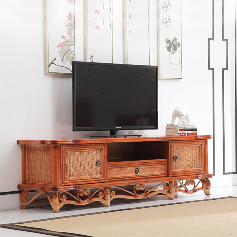 Meuble télé en hêtre et en rotin de style sud-est asiatique, H 21,7 po x L 70,9 po x l 19,7 po