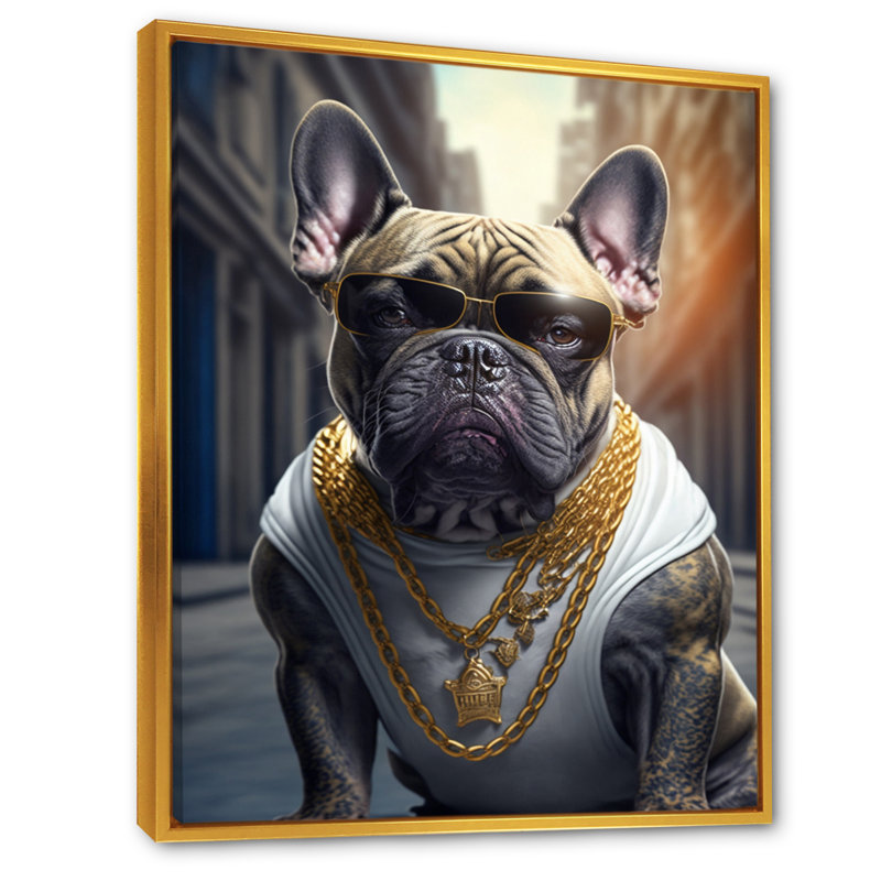 «Frenchie Gangster in NYC V», impression sur toile, H 20 po x l 12 po x P 1 po, Toile avec cadre flottant or