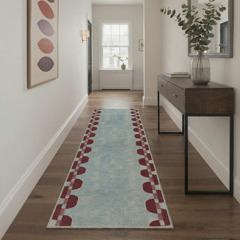 Modern Geometric Machine Washable Chain Link Blue Indoor Area Rug With Non-Slip Backing, Runner 2' x 6'