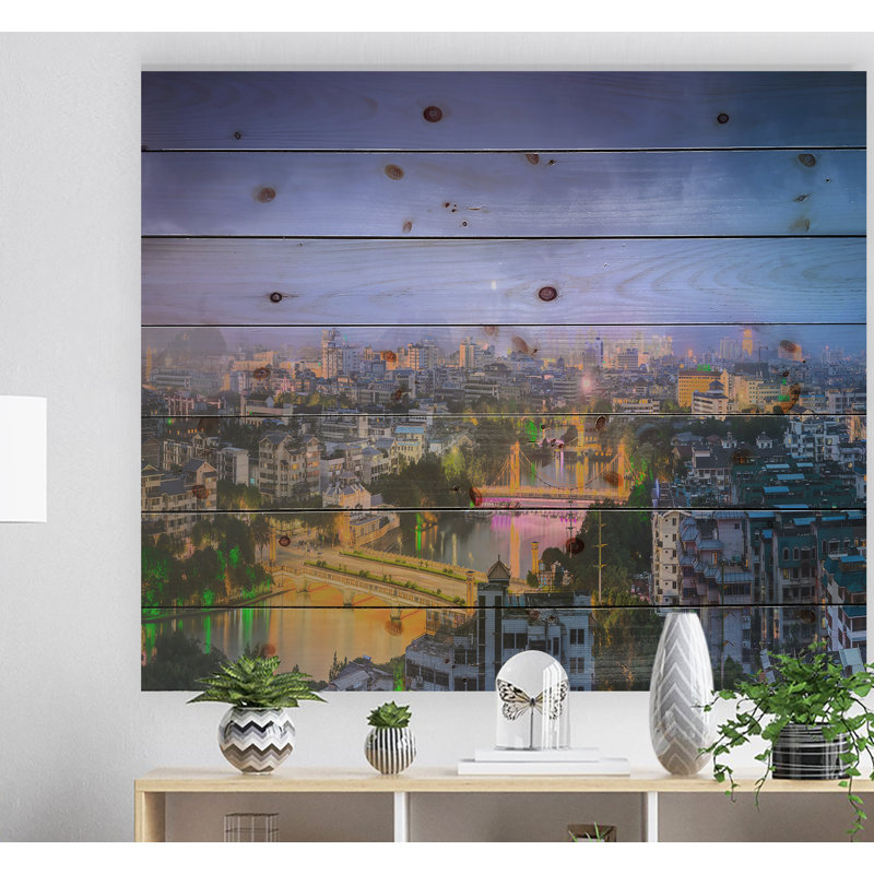 «Li River and Karst Hills Panorama - Cityscape», impression, H 15 po x l 20 po x P 1 po, Bois