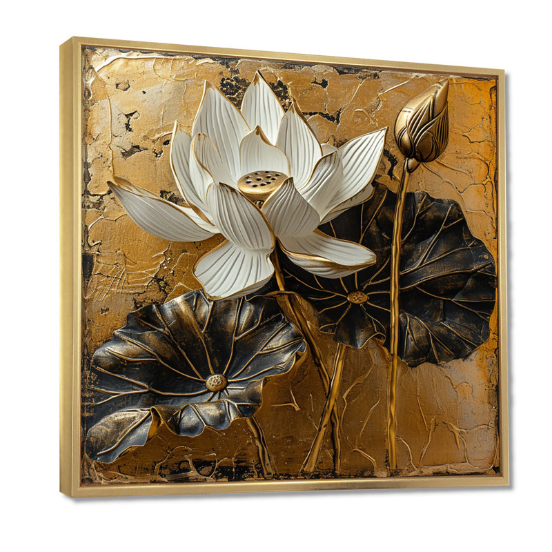 Boncelles - Lotus, art mural, Cadre flottant doré, bois massif, H 30 po x l 30 po