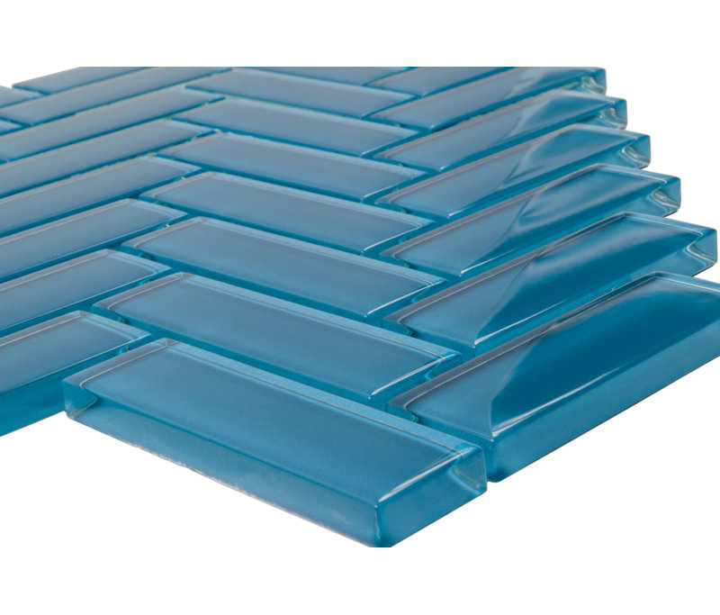 11"X 12.6" Herringbone Polished Glass Mosaic Tile, Sky Blue