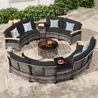 Meissalivve 11-Piece Half-Moon Curved Outdoor Patio Furniture Set, Sectional Conversation Sofa With Wood Armrests, Coffee & Side Tables For Backyard Deck Garden, Black