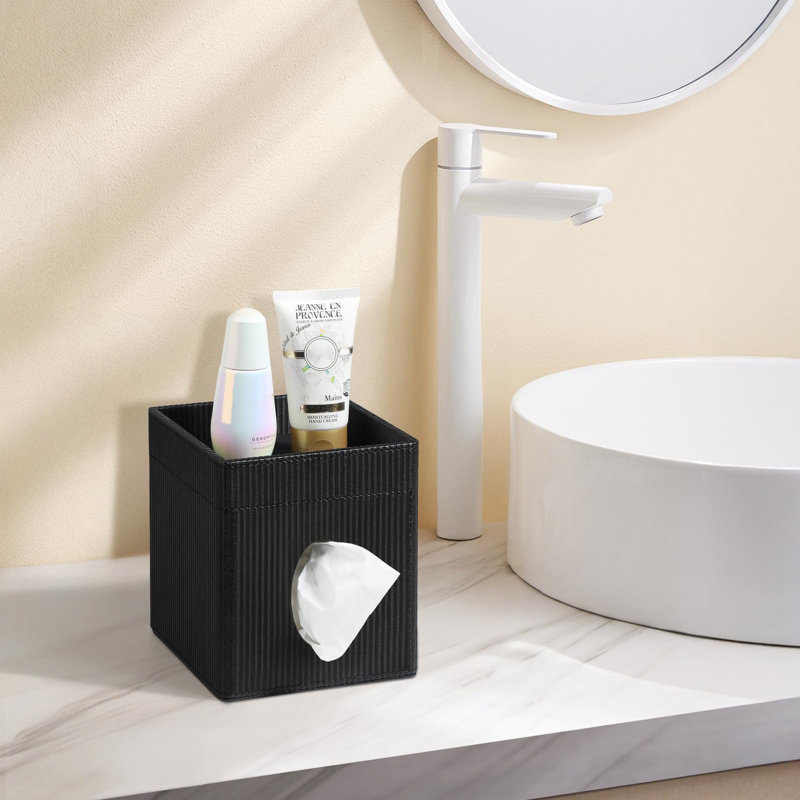 Couvercle de boîte à mouchoirs en cuir de polyuréthane avec plateau de rangement, porte-mouchoir carré en forme de cube pour meuble-lavabo de chambre à coucher (noir)