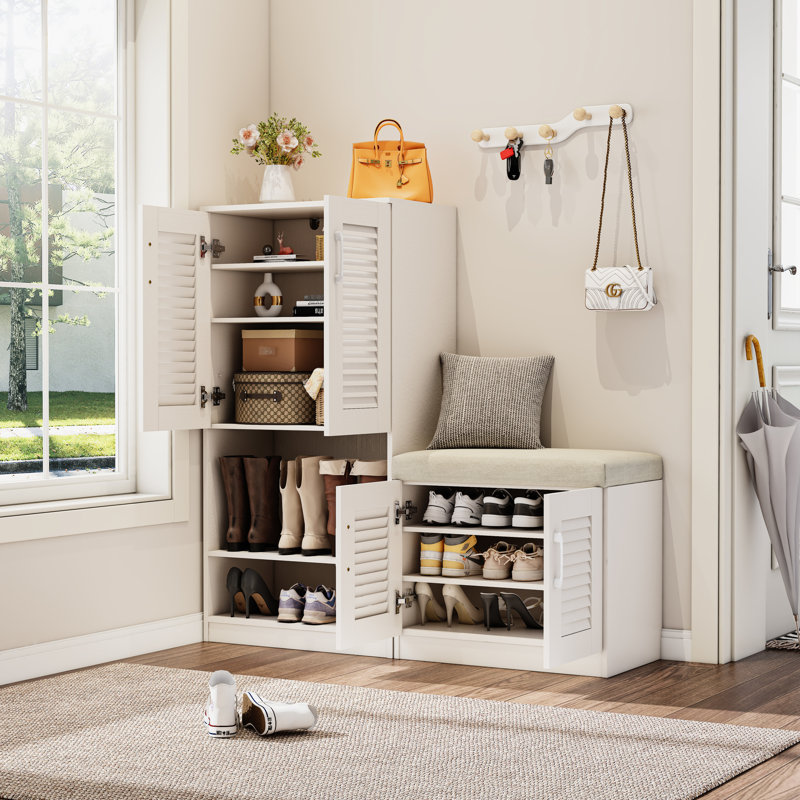 Armoire à chaussures multifonctionnelle avec banc et 7 + 3 compartiments, blanc, réglable pour une porte double