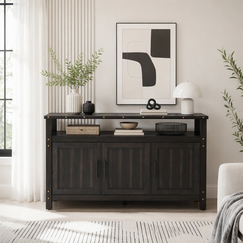 Buffet en bois de pin avec rangement à 3 portes et détails de rivet, Black