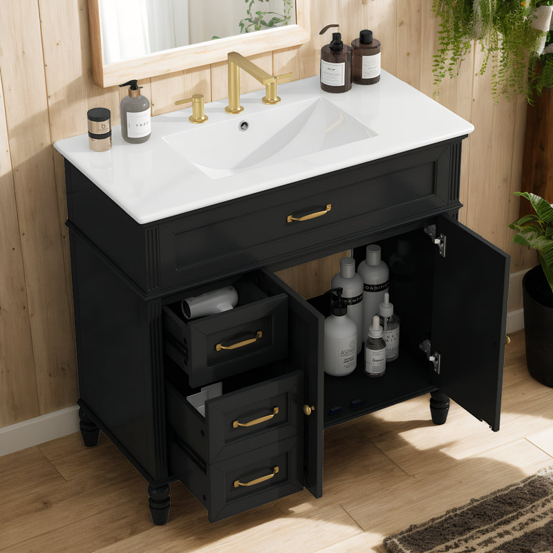 Meuble-lavabo de 36 po avec lavabo, armoire de salle de bain noire avec tiroirs, cadre solide et panneau de fibres à densité moyenne, un paquet