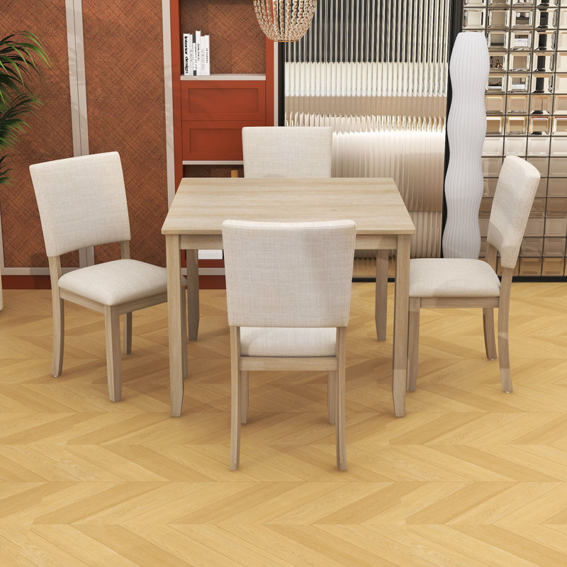 Ensemble de salle à manger moderne en bois: table carrée peu encombrante avec 4 chaises rembourrées, Chêne clair, Chêne clair