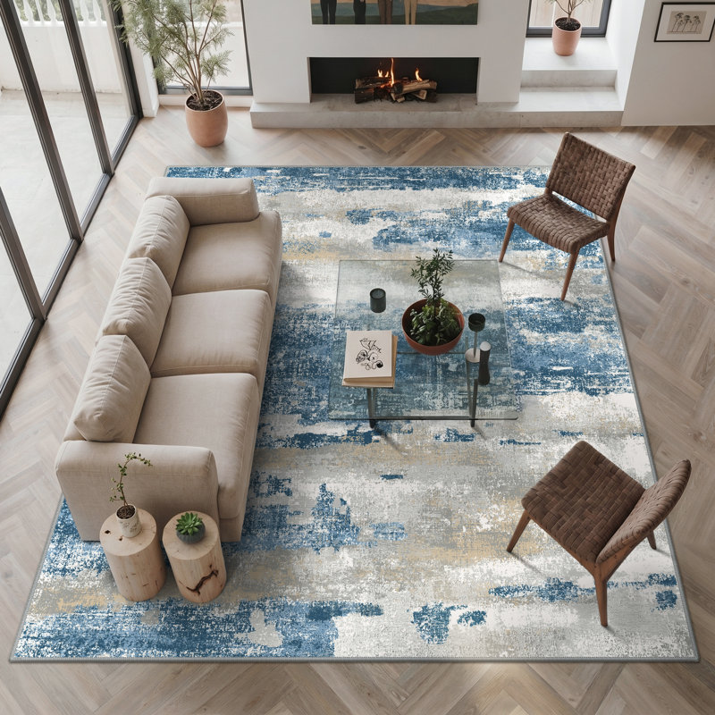 Pavelina Blue Abstract Modern Machine Washable Non-Slip Area Rug, Rectangle 8' x 10'