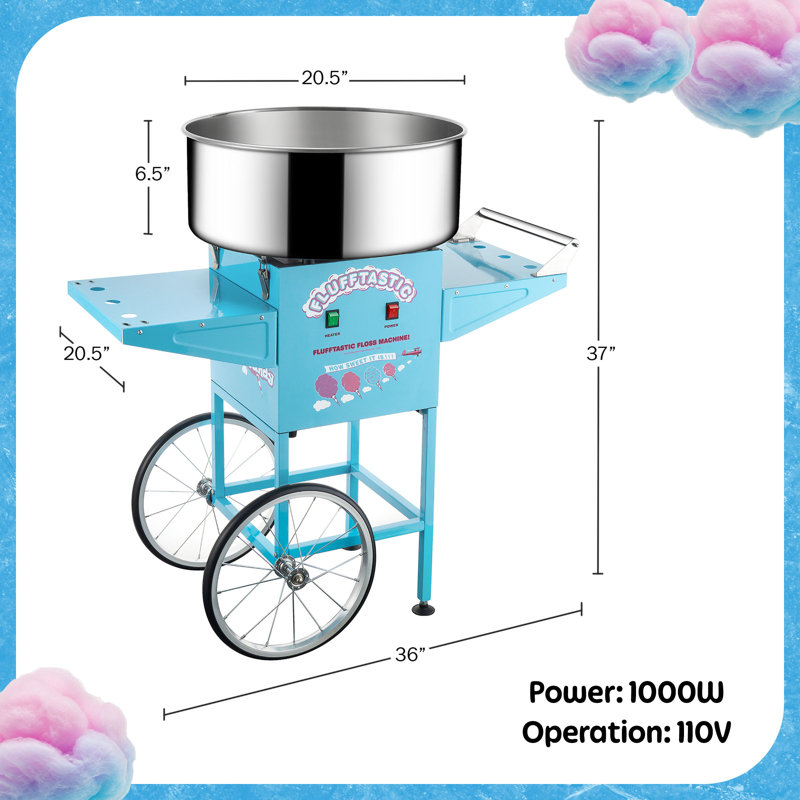 Machine à barbe à papa avec chariot - Machine à soie Flufftastic 1000W avec plateau en acier inoxydable, plateaux latéraux et roues de 13 po par Great Northern Popcorn (bleu)