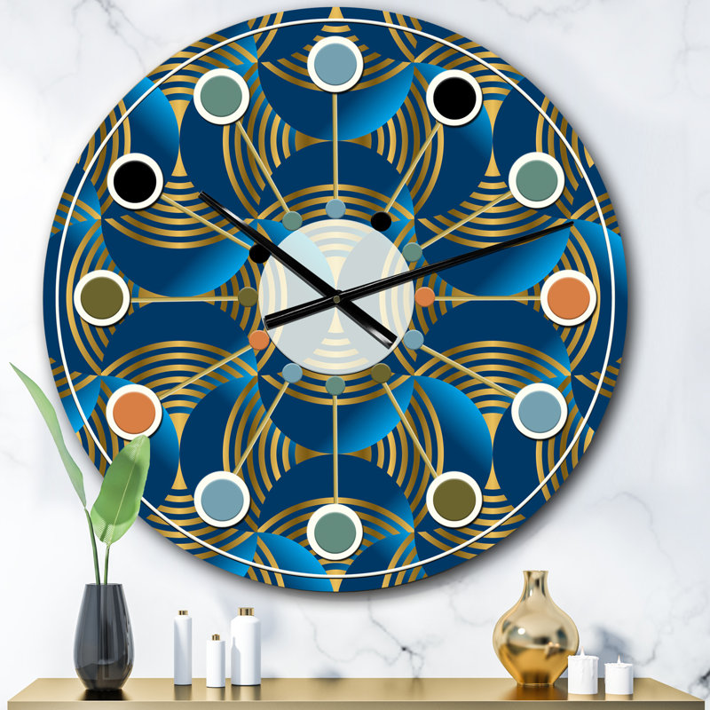 Vagues géométriques abstraites en or et bleu marine - horloge murale moderne Mid-Century, Surdimensionné