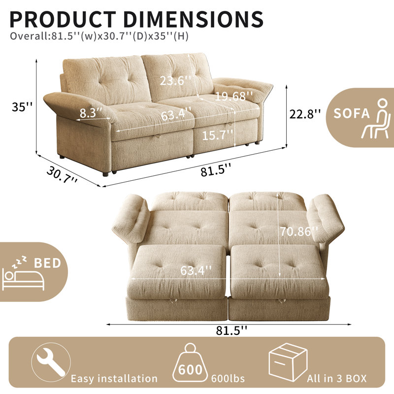 82" Modern Convertible Sofa Bed with Plush Chenille Fabric
