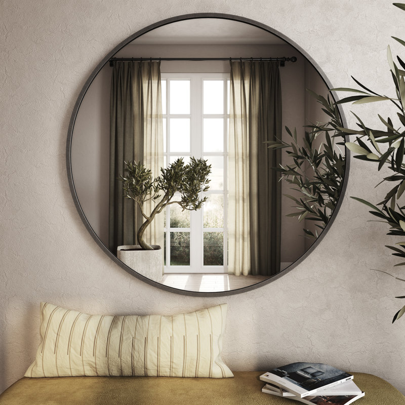 Bali Round Metal Modern Wall Mirror, Dark Gray, 32" x 32"