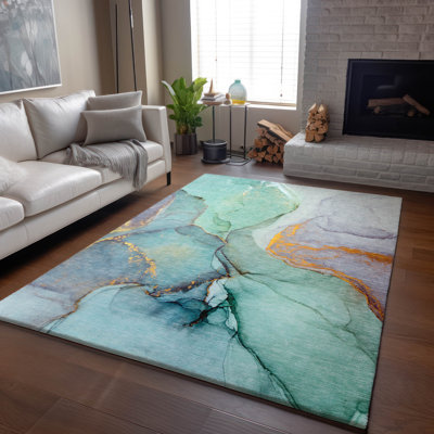 Premium Machine Washable Cerrito AMF506 Teal Rug
