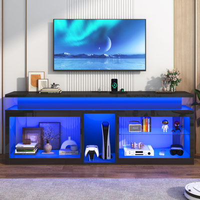 71" LED TV Stand with Power Outlet,60-Colors LED Lights For 65 70 80 in TV,High Gloss Gaming Entertainment Center w/Adjustable Shelves,TV Console with Modern Design for Living Room Bedroom