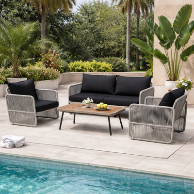 4 Piece Rope Patio Furniture Set, Outdoor Conversation Set Sofa With Water Resistant Thick Cushions And Coffee Table For Relaxed Seating