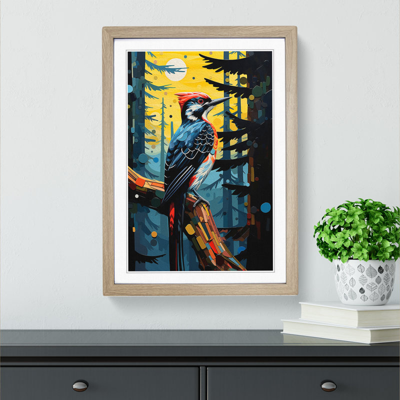 Woodpecker Futurism - Single Picture Frame Print on Wood, 64cm H x 46cm W x 2cm D, Oak