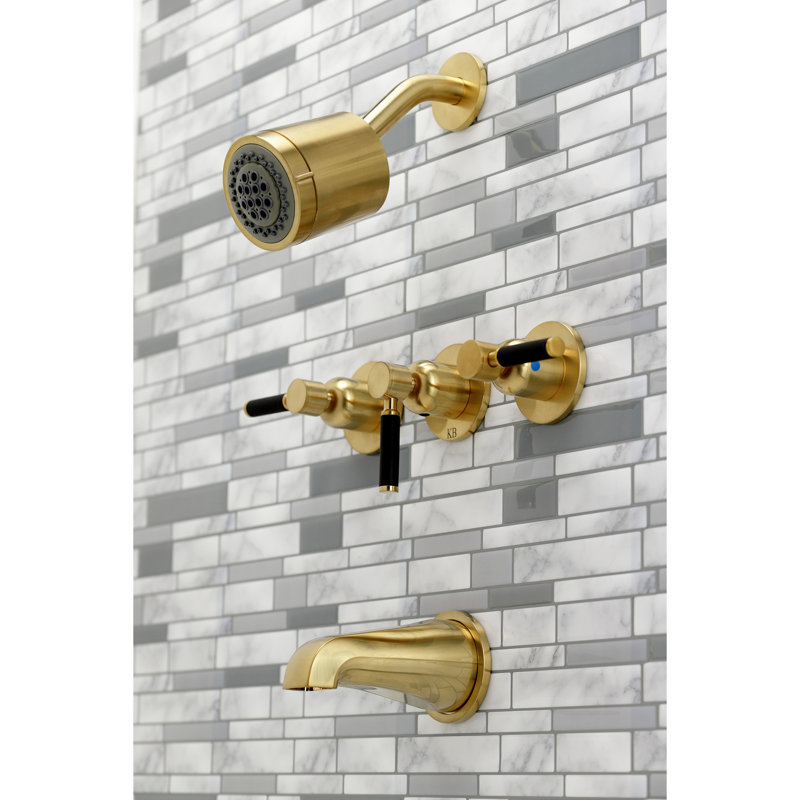 Robinet de baignoire et de douche à contrôle de volume à 3 poignées avec valve brute Kaiser, Laiton brossé