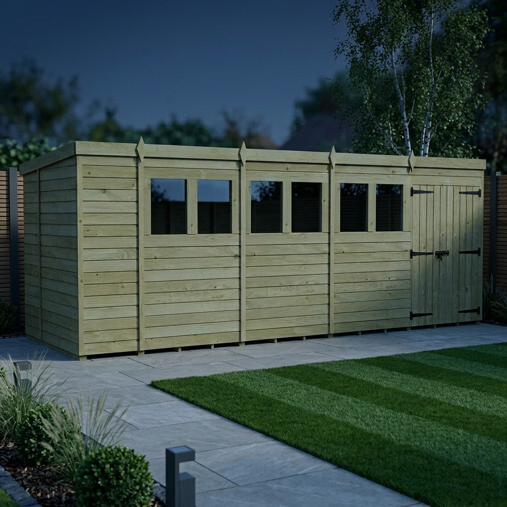Total Sheds 18ft x 6ft Pent Garden Shed - Double Door - With Windows - Pressure Treated Timber - UK Manufactured
