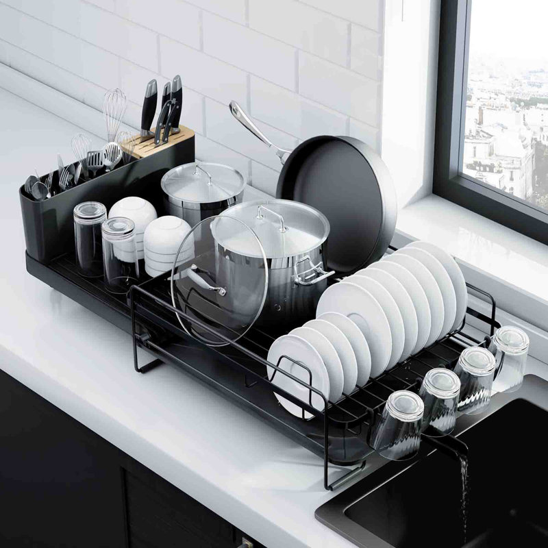 Black Stainless Steel Extendable Dish Rack with Utensil Cup