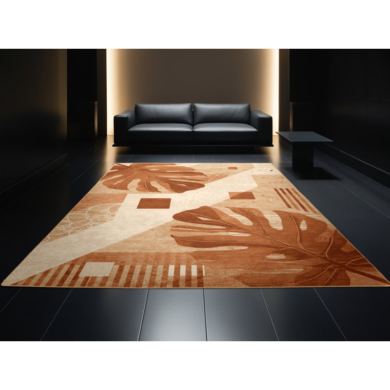 Tapis abstrait moderne et contemporain lavable à la machine Oyan Monstera en brun - reliure brun clair, Carré 5 pi