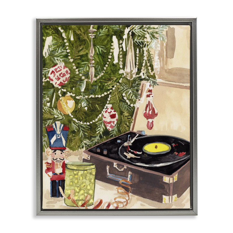 Disque tourne-disque sous un arbre de Noël, toile encadrée dorée, conception par Melissa, H 31 po x l 25 po