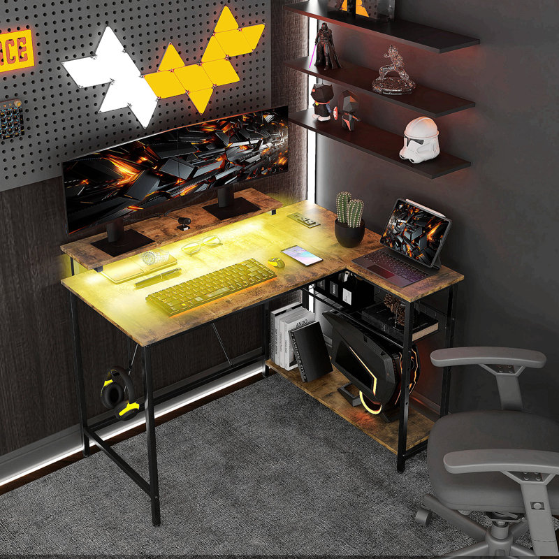 Rustic Brown Adjustable Height L-Shaped Computer Desk with Power Outlet and USB Port