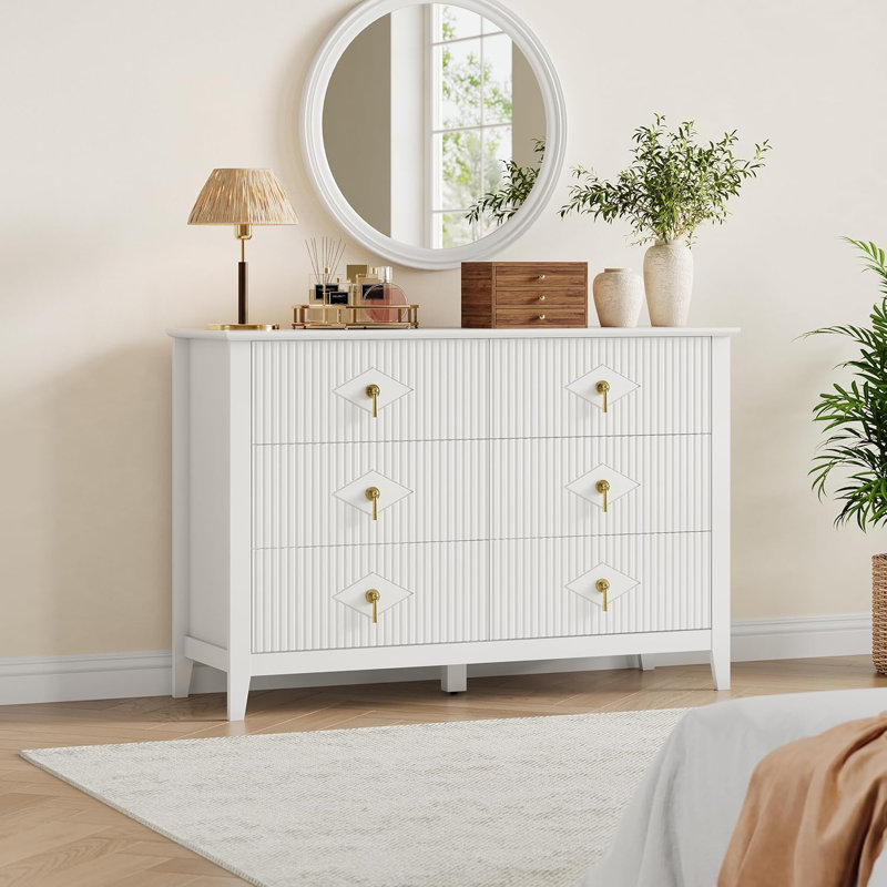 Fluted Wood Dresser, Solid Wood Construction, 47.2" W 6-Drawer Storage Cabinet, Modern Style for Bedroom, Living Room or Entryway