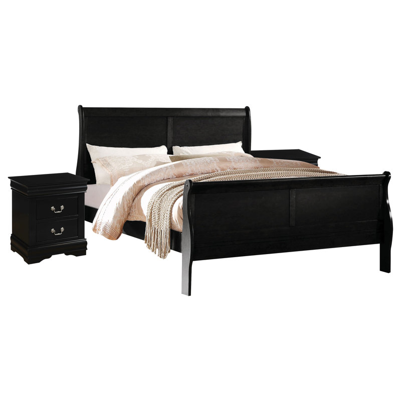 Ensemble de chambre à coucher Engstrom, Noir, Très grand, 3 pièces : 2 table de chevet, 1 lit