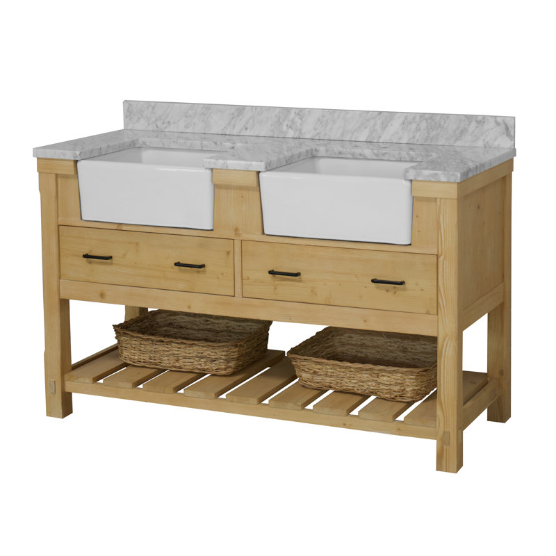 Ensemble de meuble-lavabo double 60 po Hitton, Bois flotté, Carrara d'ingénierie