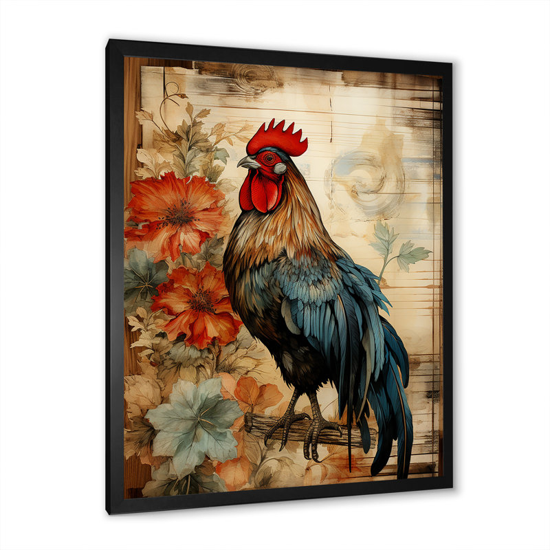 Art mural rétro, coq pastoral rétro, Cadre photo noir, H 40 po x l 30 po x P 1,5 po