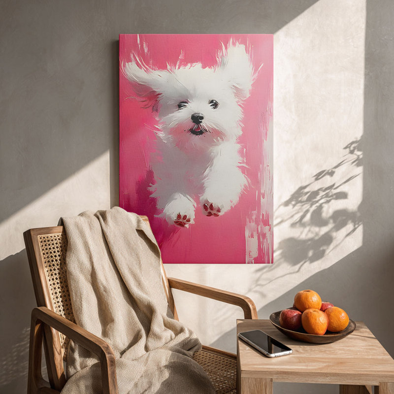 «Chiot blanc sur fond rose vif», 40 * 28 pouces (100 * 70 * 2 cm)