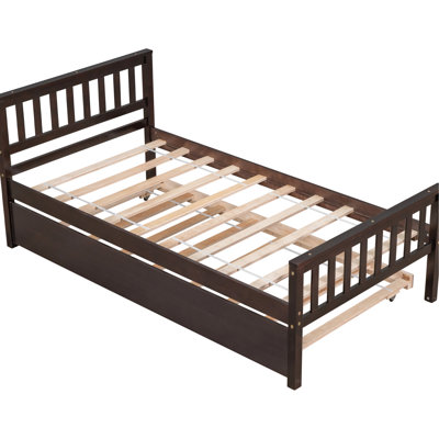 Lit simple avec lit gigogne, tête de lit à plateforme et, aucun sommier requis pour les chambres compactes, lit gigogne supplémentaire, conception peu encombrante, fabrication en pin de qualité, installation simple