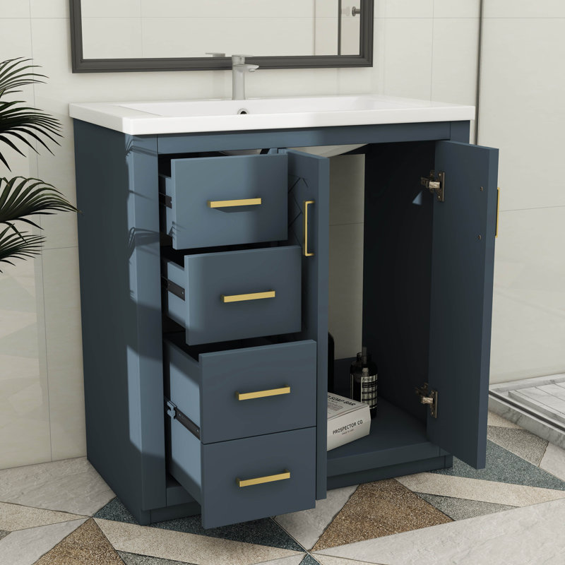 Meuble-lavabo autoportant moderne de 30 pouces avec lavabo simple et 3 tiroirs pour le rangement, Bleu, Doré