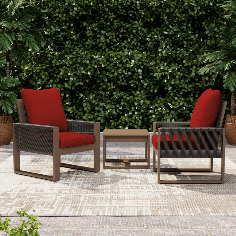 Mobilier de patio, ensemble de salle à manger en bois 3 pièces avec 2 fauteuils et table carrée en bois, Rouge