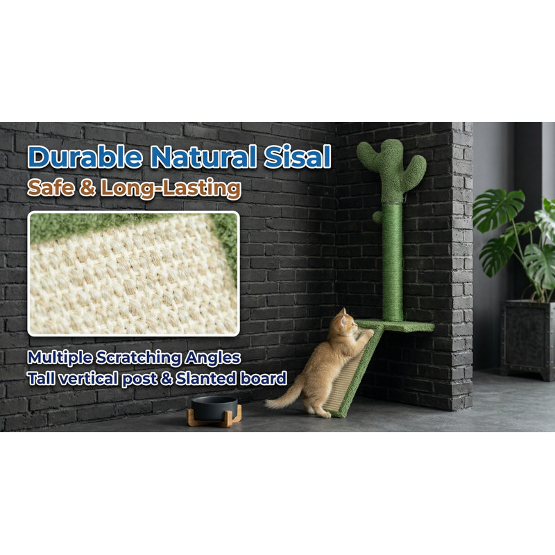 Grattoir mural pour chat avec plateforme de saut, grand poteau en sisal stable pour grimper et gratter, conception de cactus