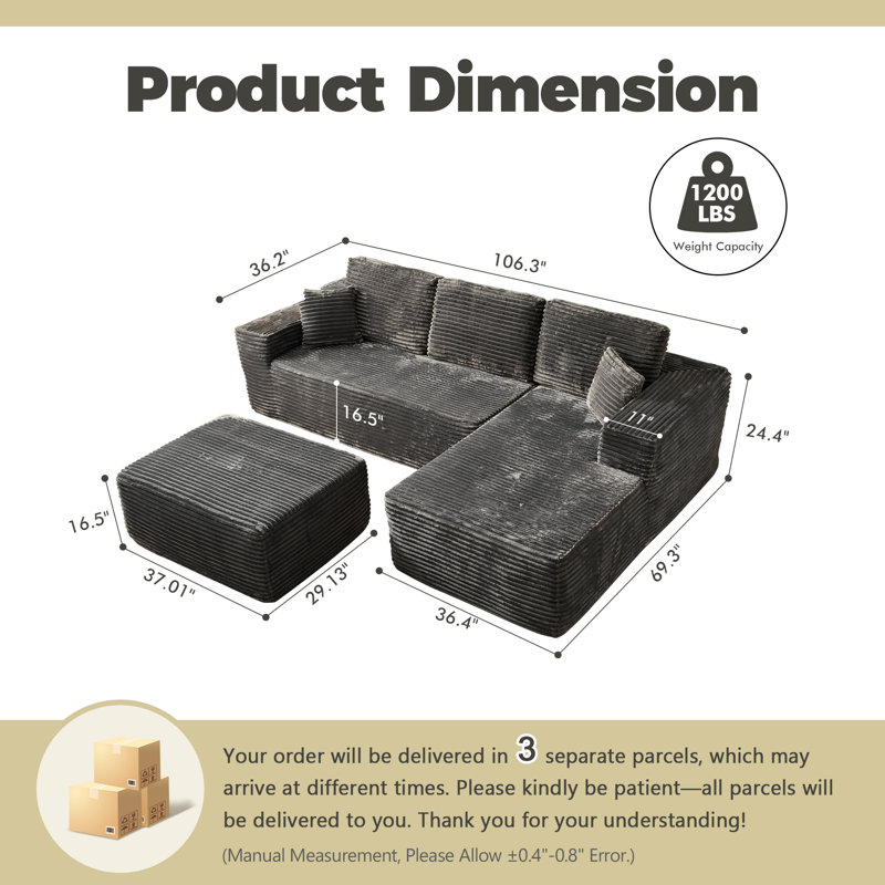 Boneless 3-piece No-assembly Modular Holifield Set With Ottoman - Deep Seat, Freely Combinable L-shaped Lounge Chair For Living Room & Bedroom