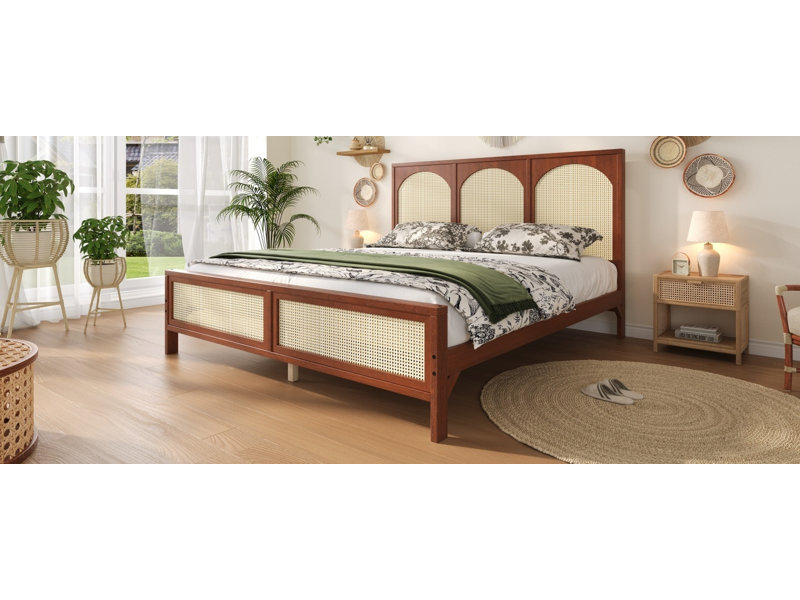 Lit plateforme en bois avec tête de lit et pied de lit en rotin Eldrin, King, Black+Beige