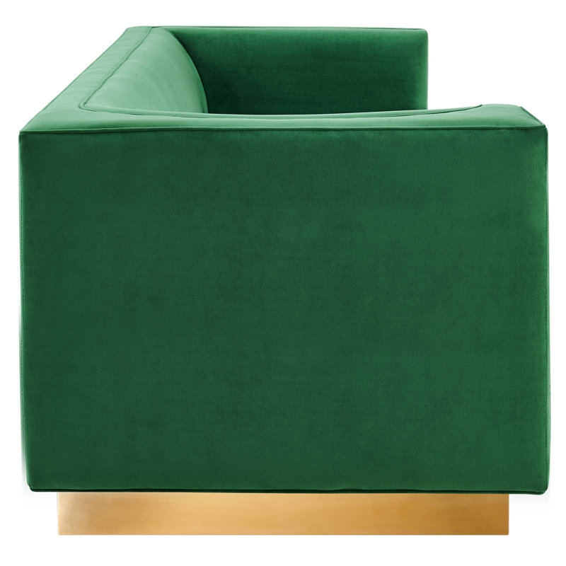 Emerald Green Velvet Sofa with Gold Base and Track Arms