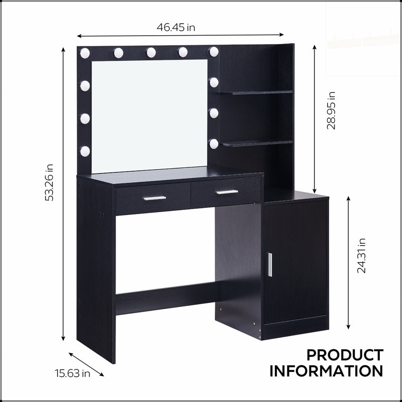 Bureau de coiffeuse élégant avec miroir et lumières DEL réglables, coiffeuse 46,4 po avec tiroirs spacieux et rangement pour les chambres modernes