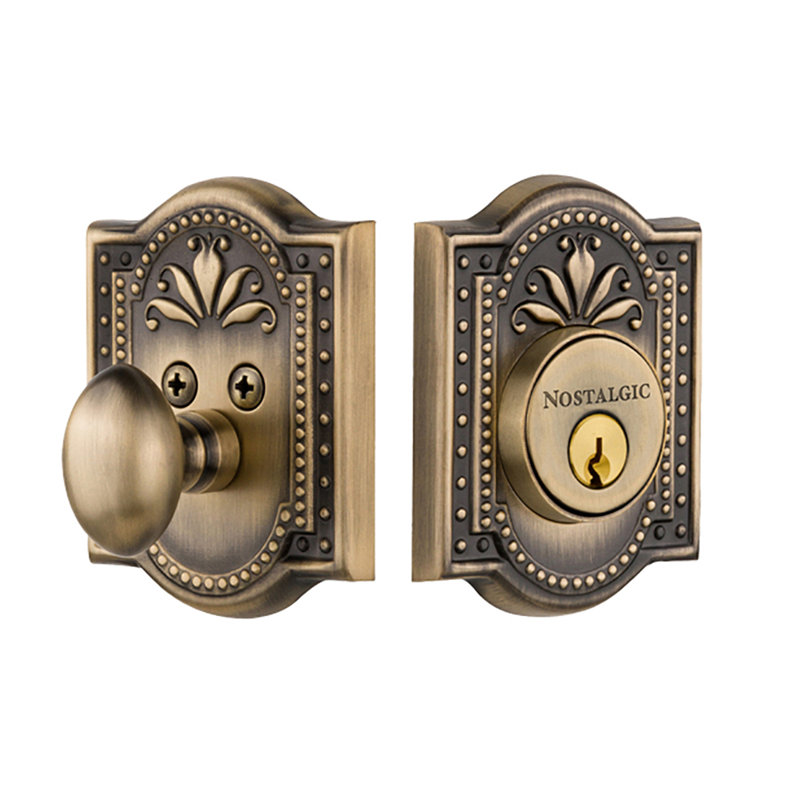 Nostalgic Warehouse Meadows Plate Single Cylinder Deadbolt, Antique Brass