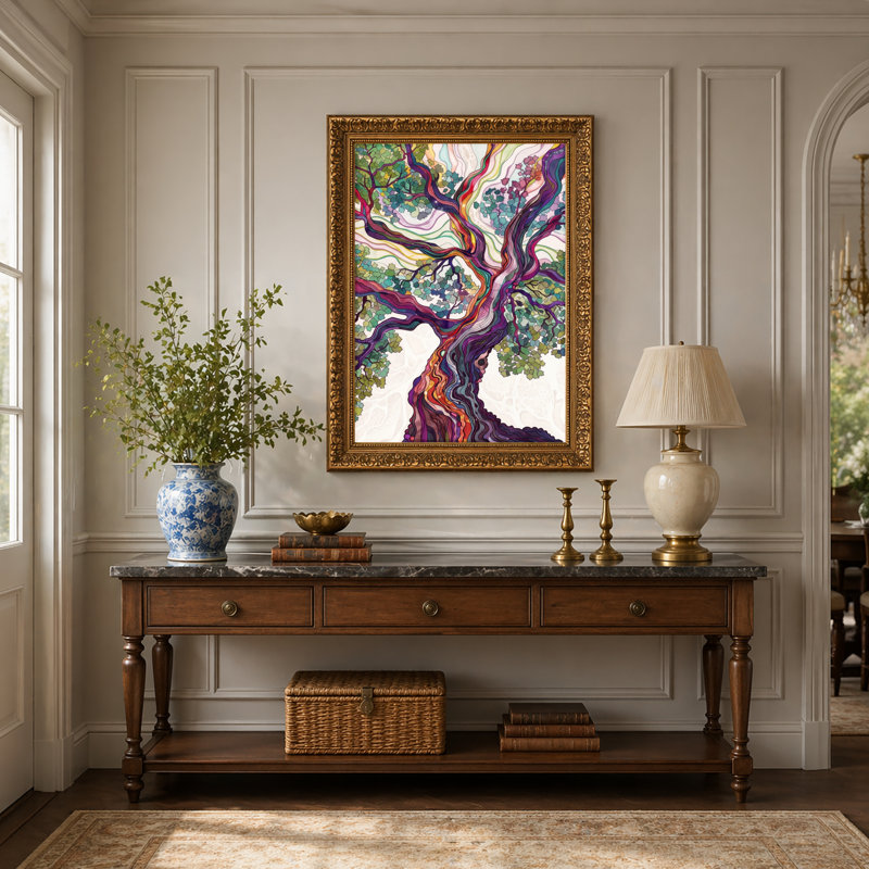 Art mural en toile noyer doré encadré pour le salon, la chambre à coucher, le bureau ou le vestibule - décoration murale décorative avec arbre coloré