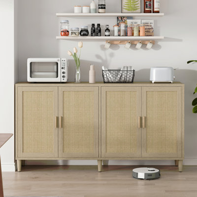 70" Rattan Buffet Cabinet With Storage, 4-Door Sideboard Buffet Cabinet With Adjustable Shelves For Kitchen, Living Room And Dining Room, Easy Assembly