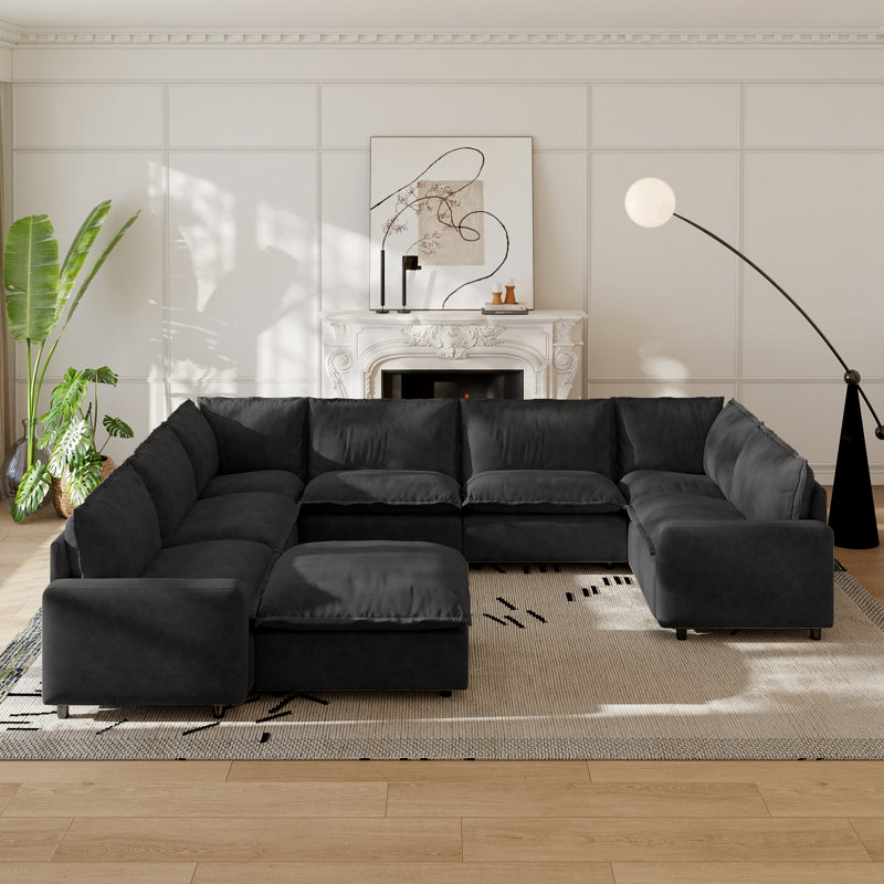 Canapé modulaire rembourré 8 pièces en tissu de lin avec repose-pieds 8 pièces, Lin gris